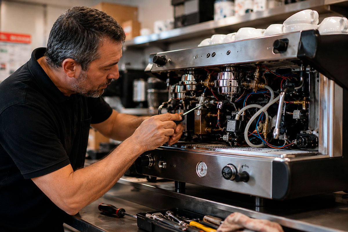 Técnico reparando una cafetera industrial en un bar